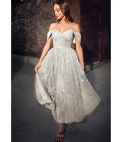Cinderella Divine Off White Glitter Off The Shoulder Tea Length Gown