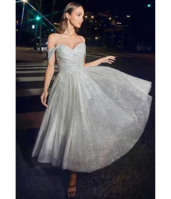 Cinderella Divine Off White Glitter Off The Shoulder Tea Length Gown