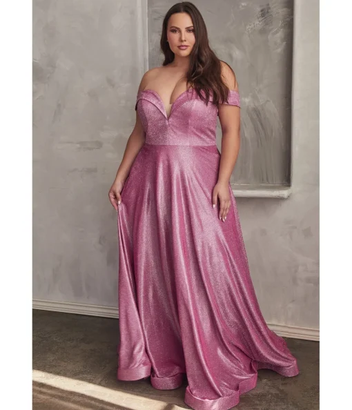 Cinderella Divine Plus Size Metallic Rose Off The Shoulder Bridesmaid Gown