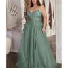 Cinderella Divine Plus Size Dusty Teal A Line Lace & Tulle Bridesmaid Gown