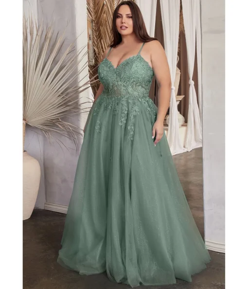 Cinderella Divine Plus Size Dusty Teal A Line Lace & Tulle Bridesmaid Gown