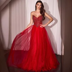 Cinderella Divine Red Beaded Strapless Tulle Prom Dress