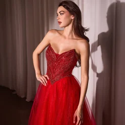 Cinderella Divine Red Beaded Strapless Tulle Prom Dress