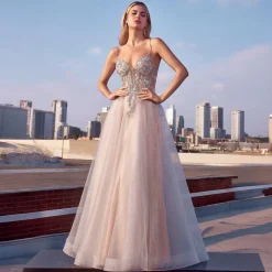 Cinderella Divine Silver Nude Applique Sleeveless Tulle Prom Dress