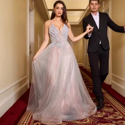 Cinderella Divine Silver Nude Pearl Beaded Sleeveless Prom Dress