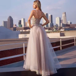 Cinderella Divine Silver Nude Applique Sleeveless Tulle Prom Dress