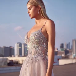 Cinderella Divine Silver Nude Applique Sleeveless Tulle Prom Dress