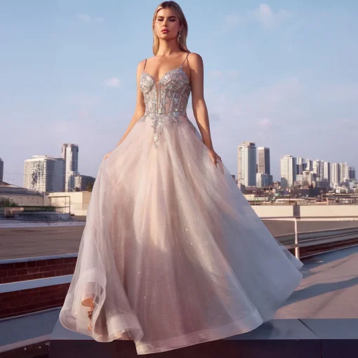 Cinderella Divine Silver Nude Applique Sleeveless Tulle Prom Dress