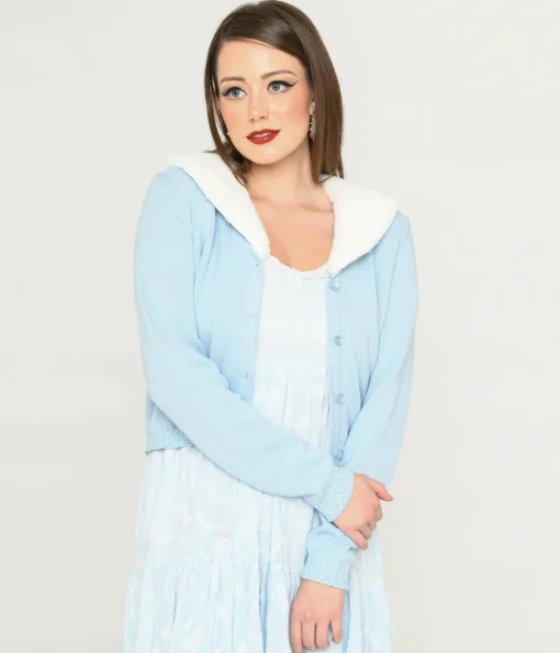 Collectif Light Blue & Faux Fur Collar Cardigan