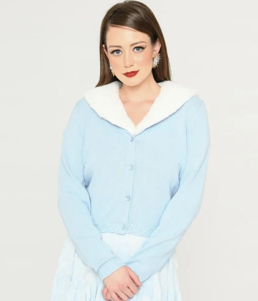Collectif Light Blue & Faux Fur Collar Cardigan