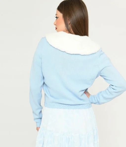 Collectif Light Blue & Faux Fur Collar Cardigan