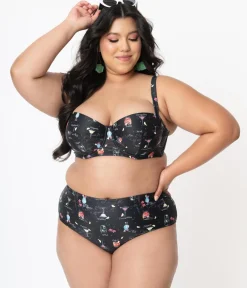Collectif Plus Size Black & Cocktail Menu Print Swim Bottom