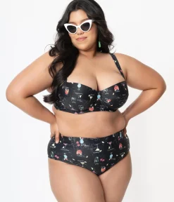 Collectif Plus Size Black & Cocktail Menu Print Swim Bottom