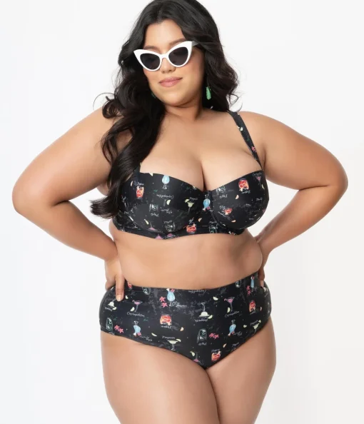 Collectif Plus Size Black & Cocktail Menu Print Swim Bottom