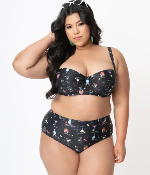 Collectif Plus Size Black & Cocktail Menu Print Swim Bottom