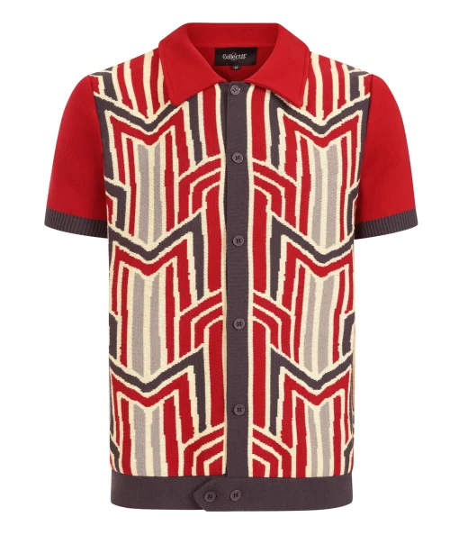 Collectif 1960s Burgundy Geometric Deco Luca Cardigan