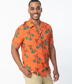 Collectif 1940s Orange & Palm Beach Print Oscar Mens Shirt