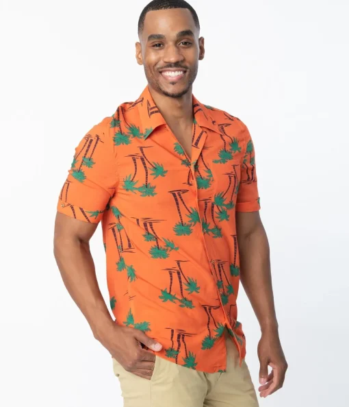 Collectif 1940s Orange & Palm Beach Print Oscar Mens Shirt