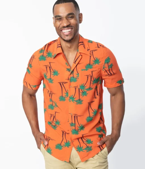 Collectif 1940s Orange & Palm Beach Print Oscar Mens Shirt