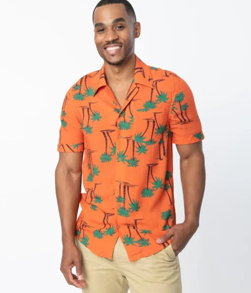 Collectif 1940s Orange & Palm Beach Print Oscar Mens Shirt