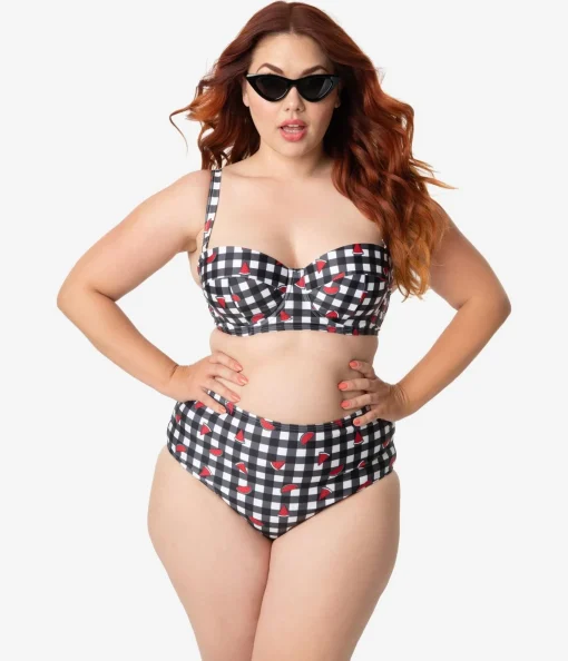 Collectif x Playful Promises Black & White Gingham Watermelon Print Swim Bottoms