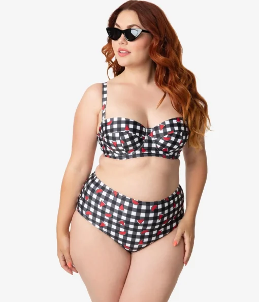 Collectif x Playful Promises Black & White Gingham Watermelon Print Swim Bottoms
