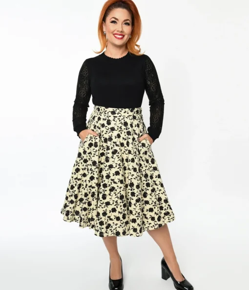 Cream & Black Floral Swing Skirt