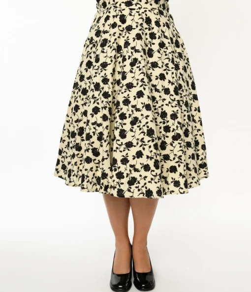 Cream & Black Floral Swing Skirt