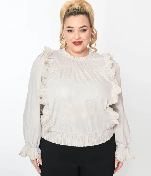 Cream Striped Scallop Ruffle Blouse