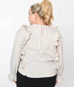 Cream Striped Scallop Ruffle Blouse