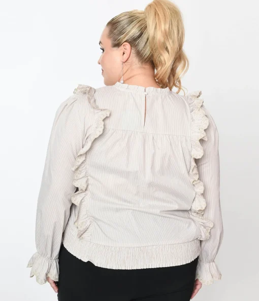 Cream Striped Scallop Ruffle Blouse