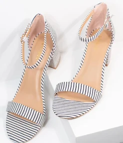 Dark Navy & White Stripe Textile Heel Sandals
