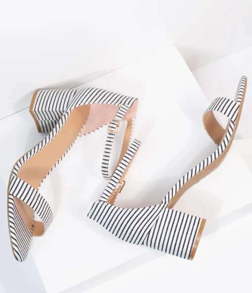 Dark Navy & White Stripe Textile Heel Sandals
