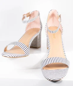 Dark Navy & White Stripe Textile Heel Sandals
