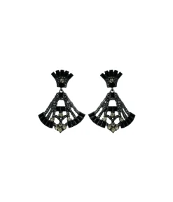 Deco Style Black Rhinestone Drop Fan Earrings