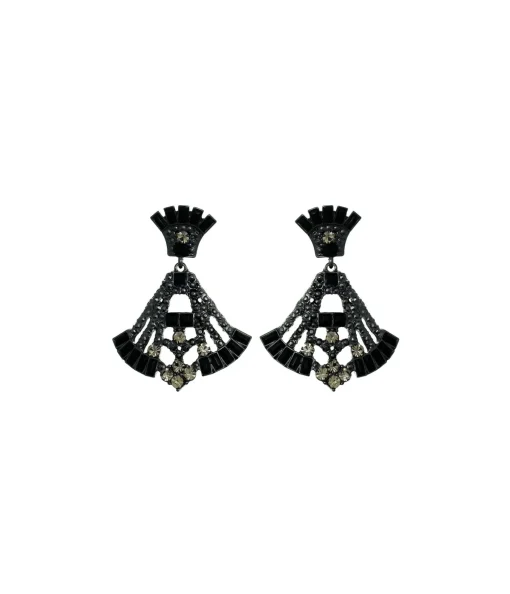 Deco Style Black Rhinestone Drop Fan Earrings