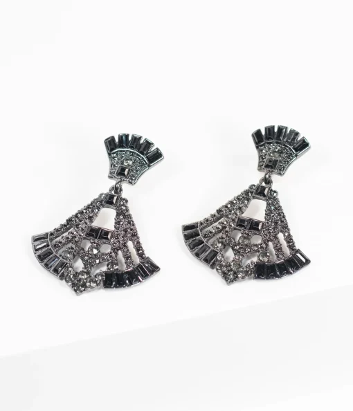 Deco Style Black Rhinestone Drop Fan Earrings