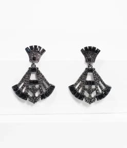 Deco Style Black Rhinestone Drop Fan Earrings