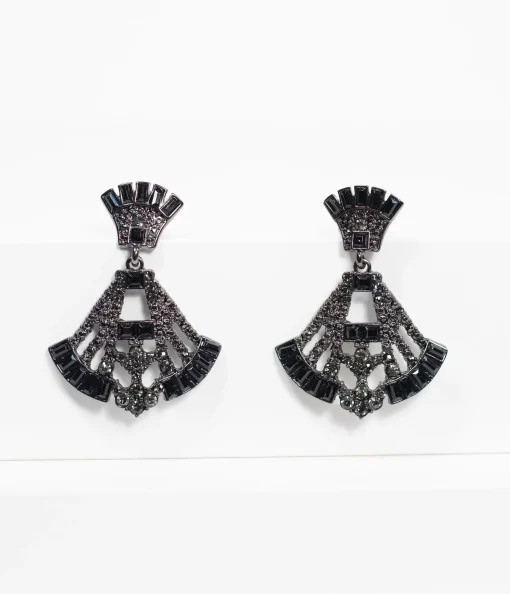 Deco Style Black Rhinestone Drop Fan Earrings