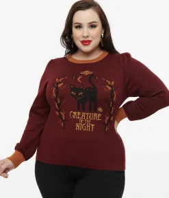 Disney Hocus Pocus Collection by Unique Vintage Plus Size Burgundy Binx Hocus Pocus Embroidered Sweater