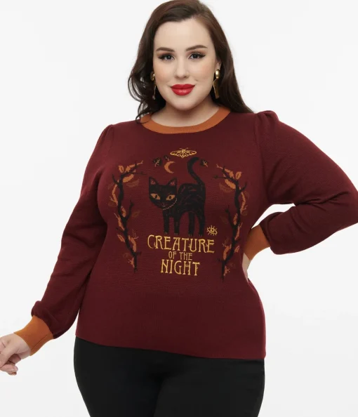 Disney Hocus Pocus Collection by Unique Vintage Plus Size Burgundy Binx Hocus Pocus Embroidered Sweater