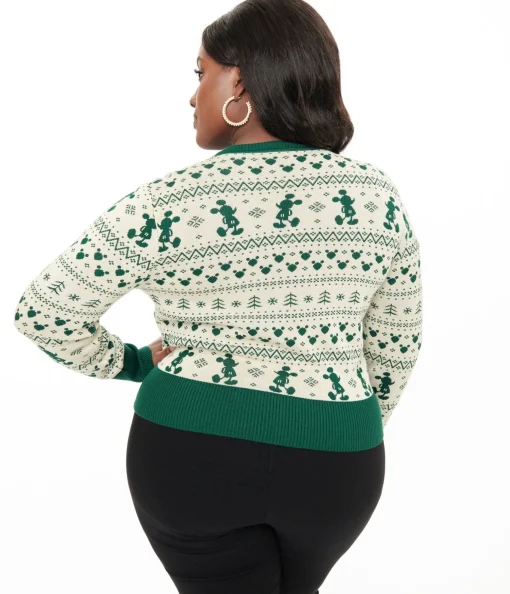 Disney Holiday Collection by Unique Vintage Plus Size Green Mickey Fair Isle Jacquard Sweater Cardigan
