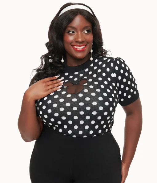 Disney Mickey & Friends Collection by Unique Vintage Plus Size Black & White Polka Dot Mickey Mouse Cutout Sweater