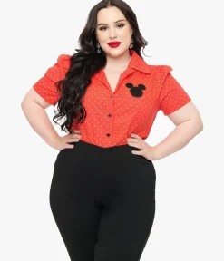 Disney Mickey & Friends Collection by Unique Vintage Plus Size Red Pin Dot Mickey Mouse Silhouette Cotton Blouse