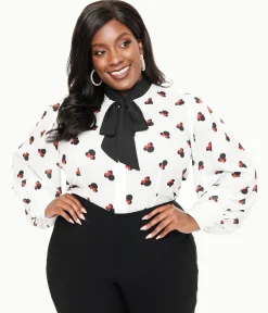 Disney Mickey & Friends Collection by Unique Vintage Plus Size White Minnie Mouse Stamp Print Gwen Blouse