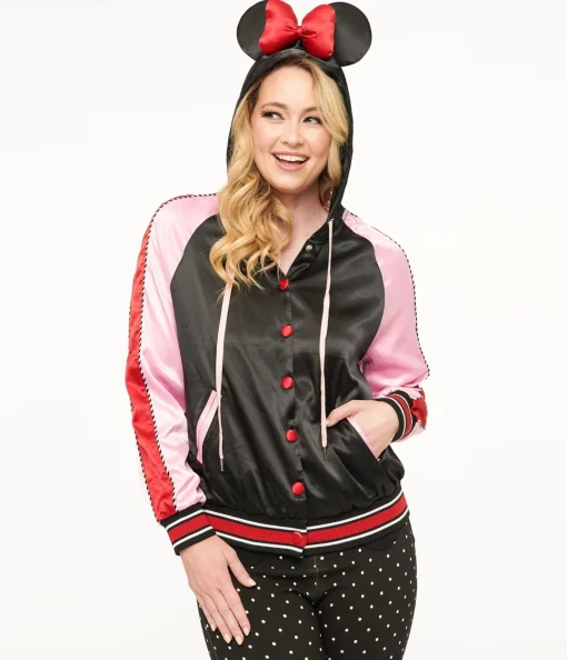 Disney Mickey & Friends Collection by Unique Vintage Minnie Mouse Hooded Satin Bomber Jacket