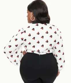 Disney Mickey & Friends Collection by Unique Vintage Plus Size White Minnie Mouse Stamp Print Gwen Blouse