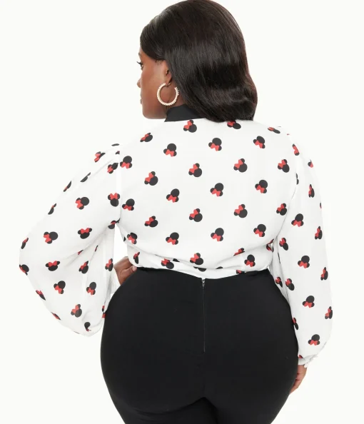 Disney Mickey & Friends Collection by Unique Vintage Plus Size White Minnie Mouse Stamp Print Gwen Blouse