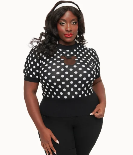 Disney Mickey & Friends Collection by Unique Vintage Plus Size Black & White Polka Dot Mickey Mouse Cutout Sweater