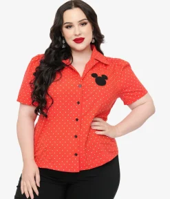 Disney Mickey & Friends Collection by Unique Vintage Plus Size Red Pin Dot Mickey Mouse Silhouette Cotton Blouse